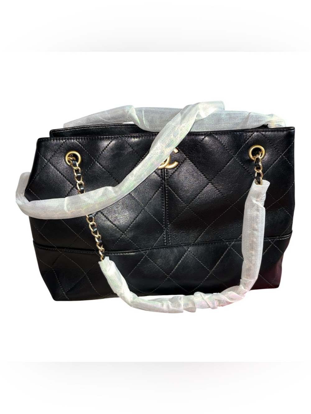 Fashion Black Quilted Leather Shoulder Tote with Gold Chain Trim